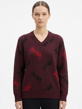 COACH NWOT Wool Burgundy V-Neck Oversized Horse and Carriage Knit Sweater - Sz S